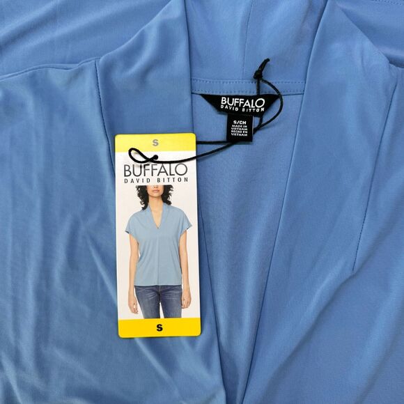 Buffalo David Bitton Blouse Sz S Light blue V-Neck Short Sleeve stand up collar - Picture 6 of 8